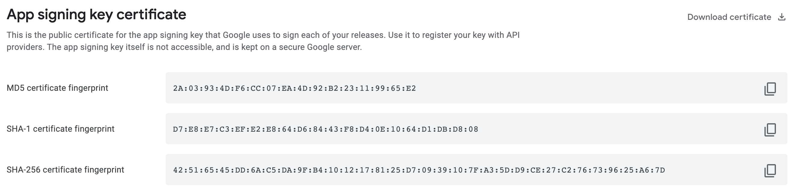 Example key stored on Google Play Store